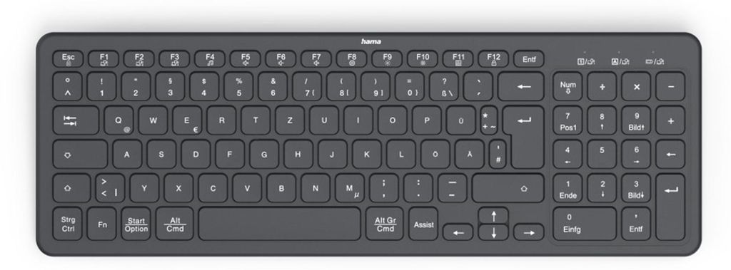 A top-down view of a black Hama multi-device keyboard on a light gray background.