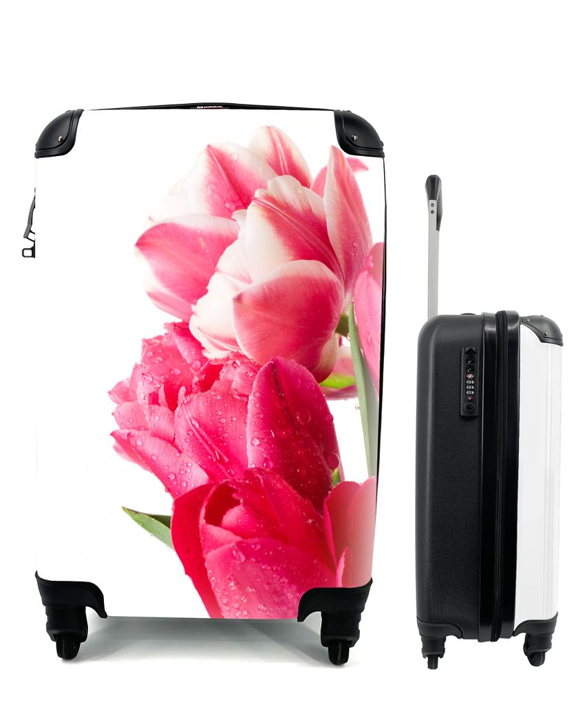 MuchoWow Koffer Handgepäck Trolley Rollkoffer Kleine Reisekoffer mit 4 Rollen - Rosa Tulpen - Cabin Size < 55x40x23 cm & 55x40x20 cm - Fotokoffe...
