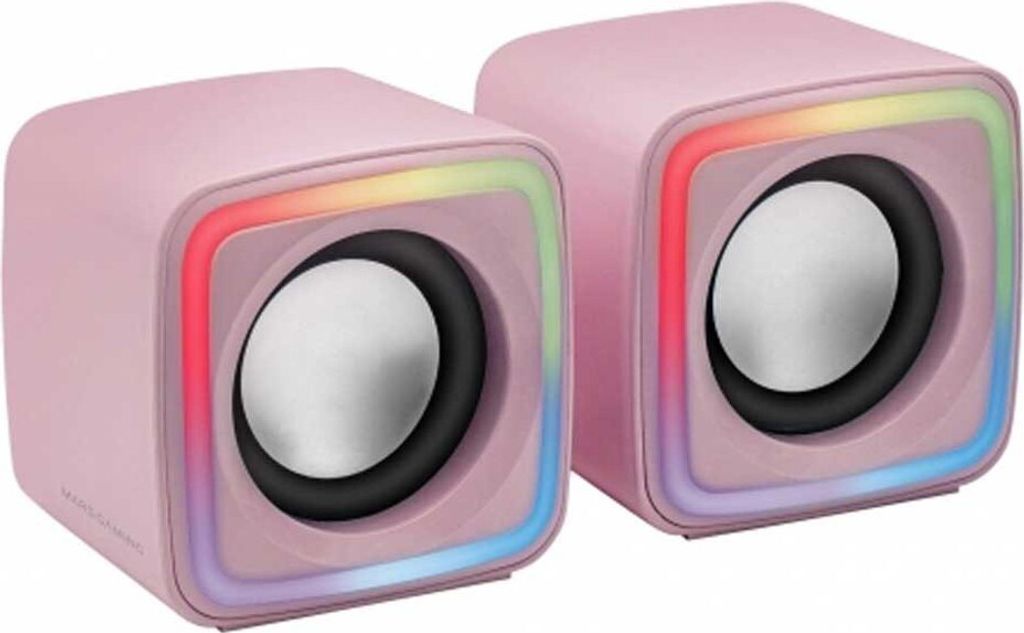 Two pink cube-shaped speakers with RGB lighting.