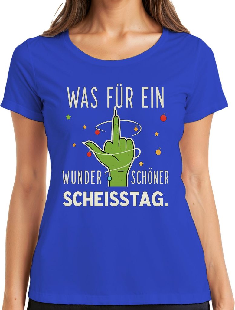 WAS FÜR EIN WUNDERSCHÖNER SCHEISSTAG grüner Mittelfinger frech Damen T-Shirt, Blau, M