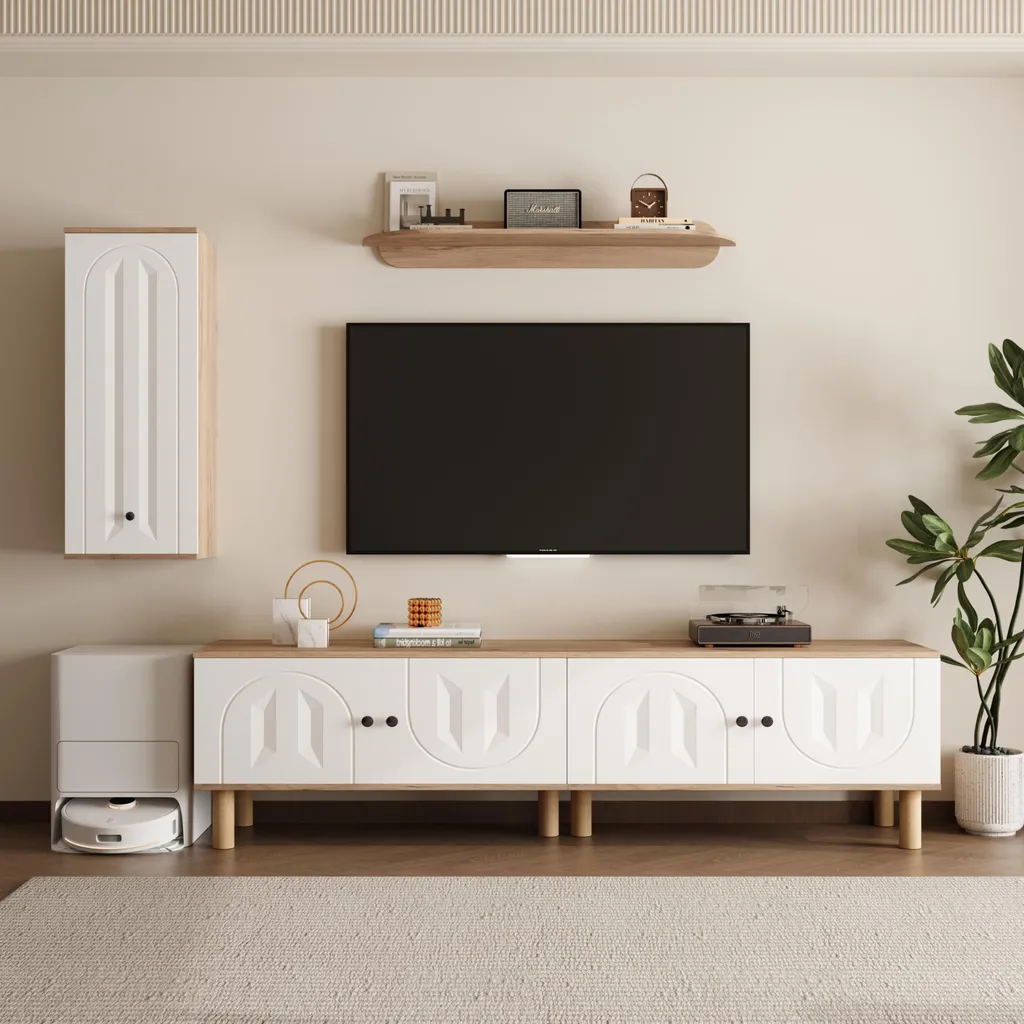 Meuble TV mural 3 pièces blanc - Buffet haut et bas avec étagère salon