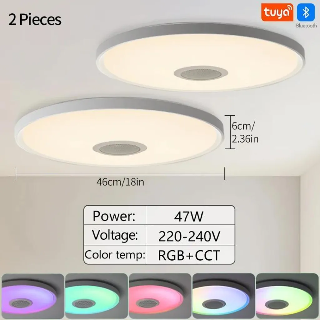 Plafonnier LED RVB intelligent avec enceinte Bluetooth, 46 cm, 2 pièces