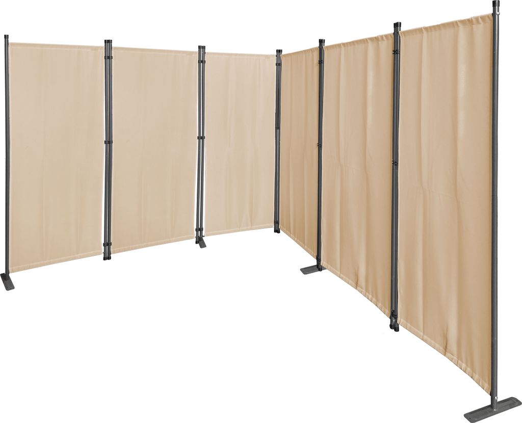 A beige fabric room divider with a metal frame, set up in a curved configuration against a white background.