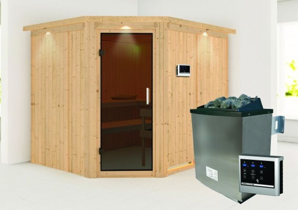 Karibu Sauna Innensauna Malin Eckeinstieg Ofen 9 KW externe Strg easy 245x210x202 cm mit Dachkranz mit Graphittür