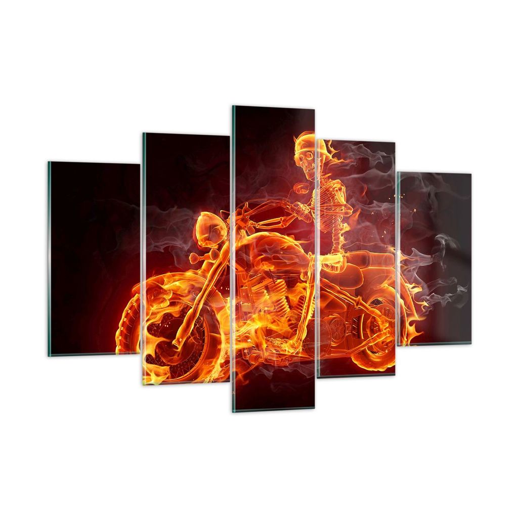 Bilder auf glas - Motorrad Flammen Skelett - 150x100cm - Glasbilder - Wandbilder - Kunstdruck - zum Aufhängen bereit - Wanddekoration aus Glas - G...