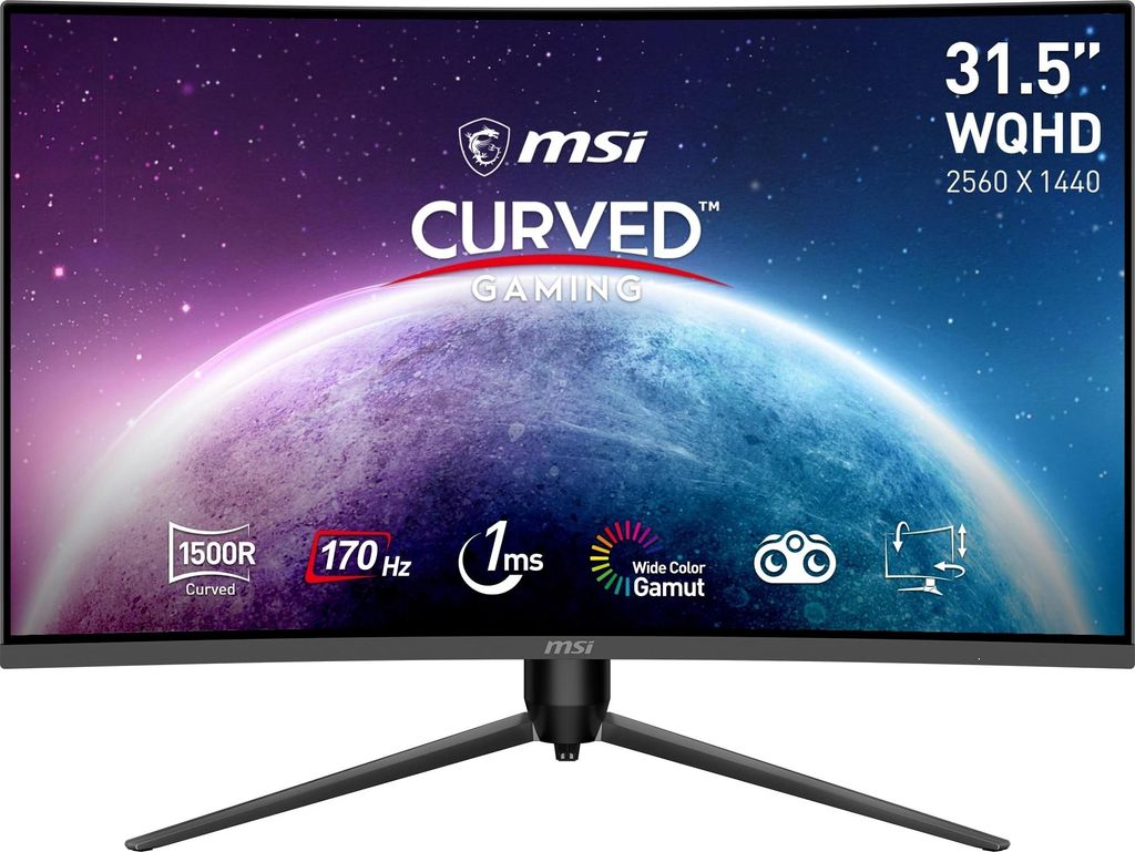 A curved gaming monitor with promotional text and graphics.
