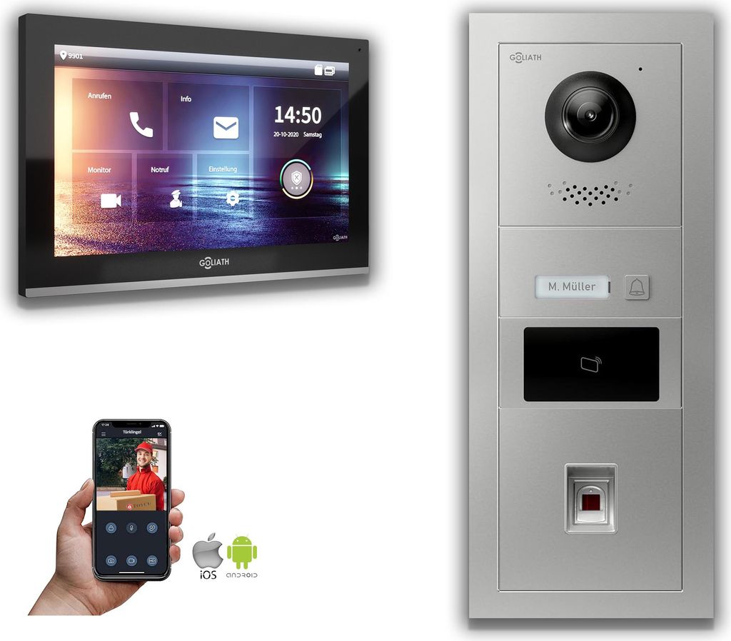 IP Türsprechanlage 1-Monitor Fingerprint RFID : 10 Zoll in Schwarz : Aufputzdose : 4er POE (Standard) Türklingel