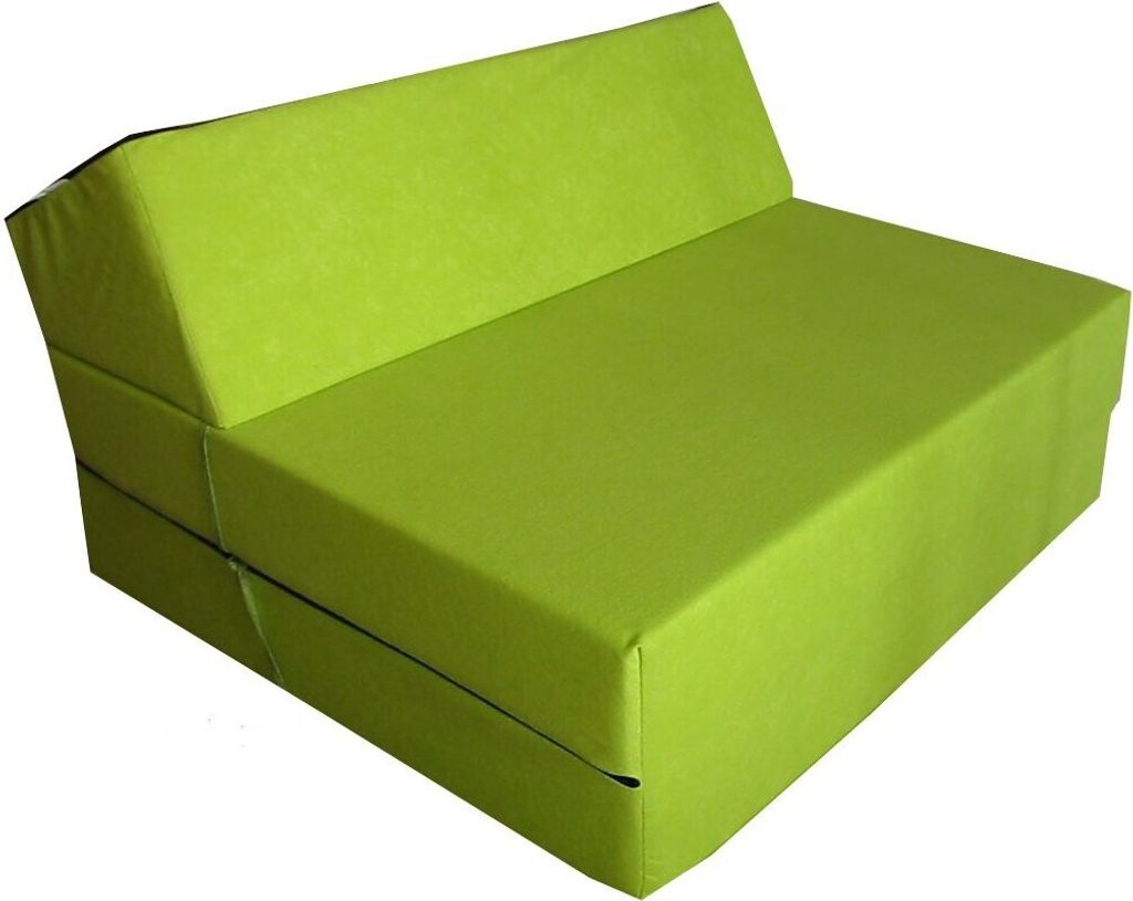 A lime green fold-out mattress/sofa.