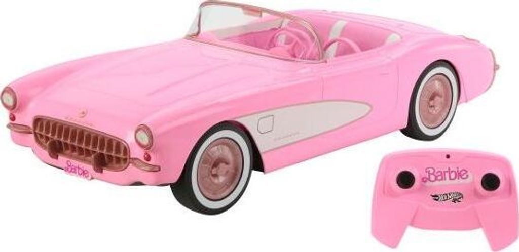 A pink Barbie Corvette toy car and its remote control are shown against a white background.