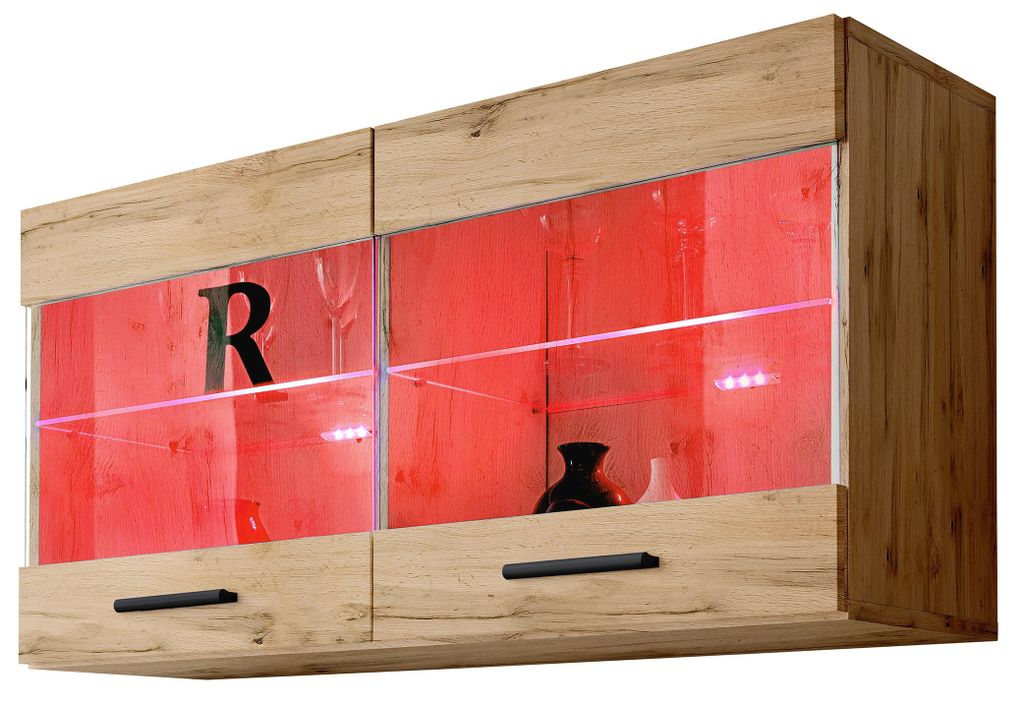 Komodee | Vitrine Schrank mit 2 Türen Savona, Korpus Wotan Matt Frontfarbe Wotan Matt, LED RGB
