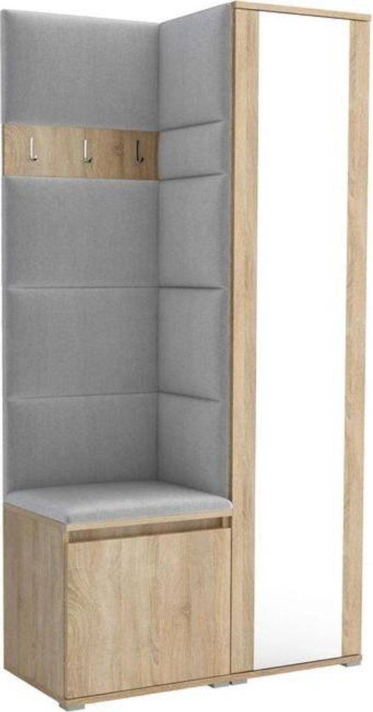 Garderoben-Set Noris VI mit Spiegel, gepolsterte Garderobe 95 cm, kompakte Flurmöbel mit Wandpaneelen, Haken und Stauraum (Farbe: Sonoma Eiche + T...