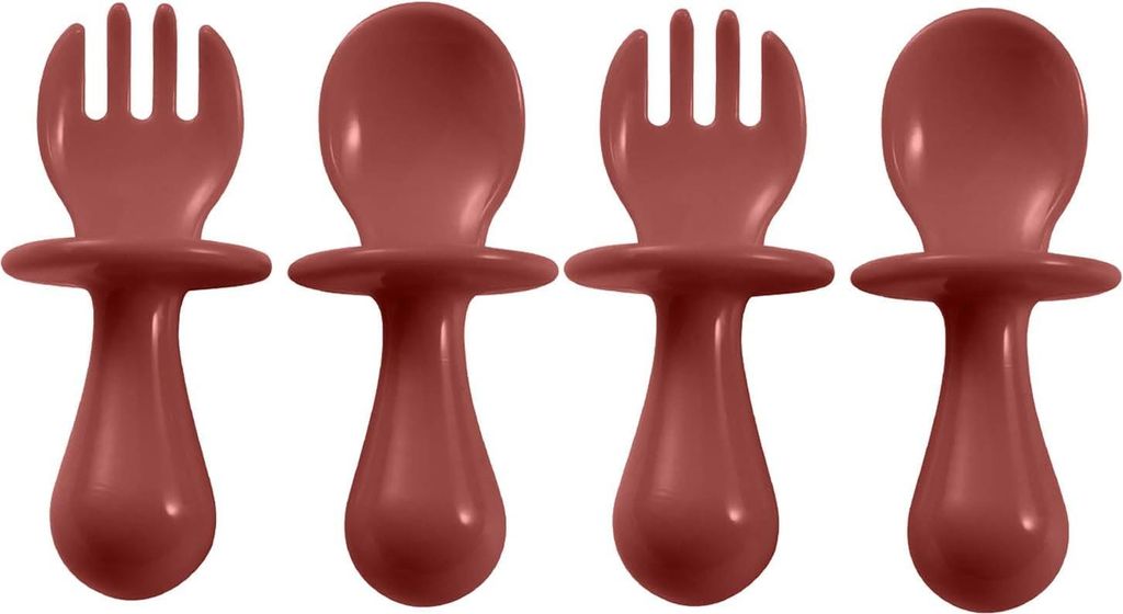 Kinderservies Set von 2: Silikon Selbstfütternde Löffel und Gabeln für Kinder ab 6 Monaten - Rote Sauce