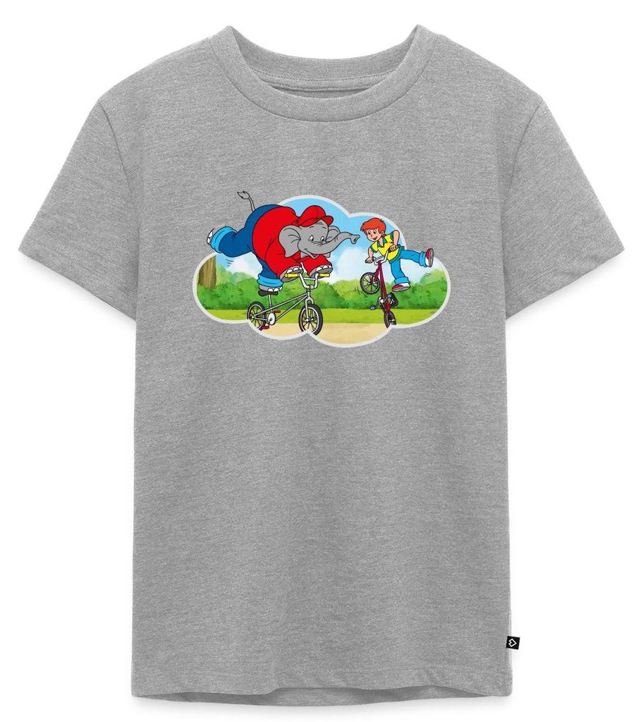 Spreadshirt Benjamin Blümchen Fährt BMX-Rad Mit Otto Kinder Premium T-Shirt, 98/104 (2 Jahre), Grau meliert