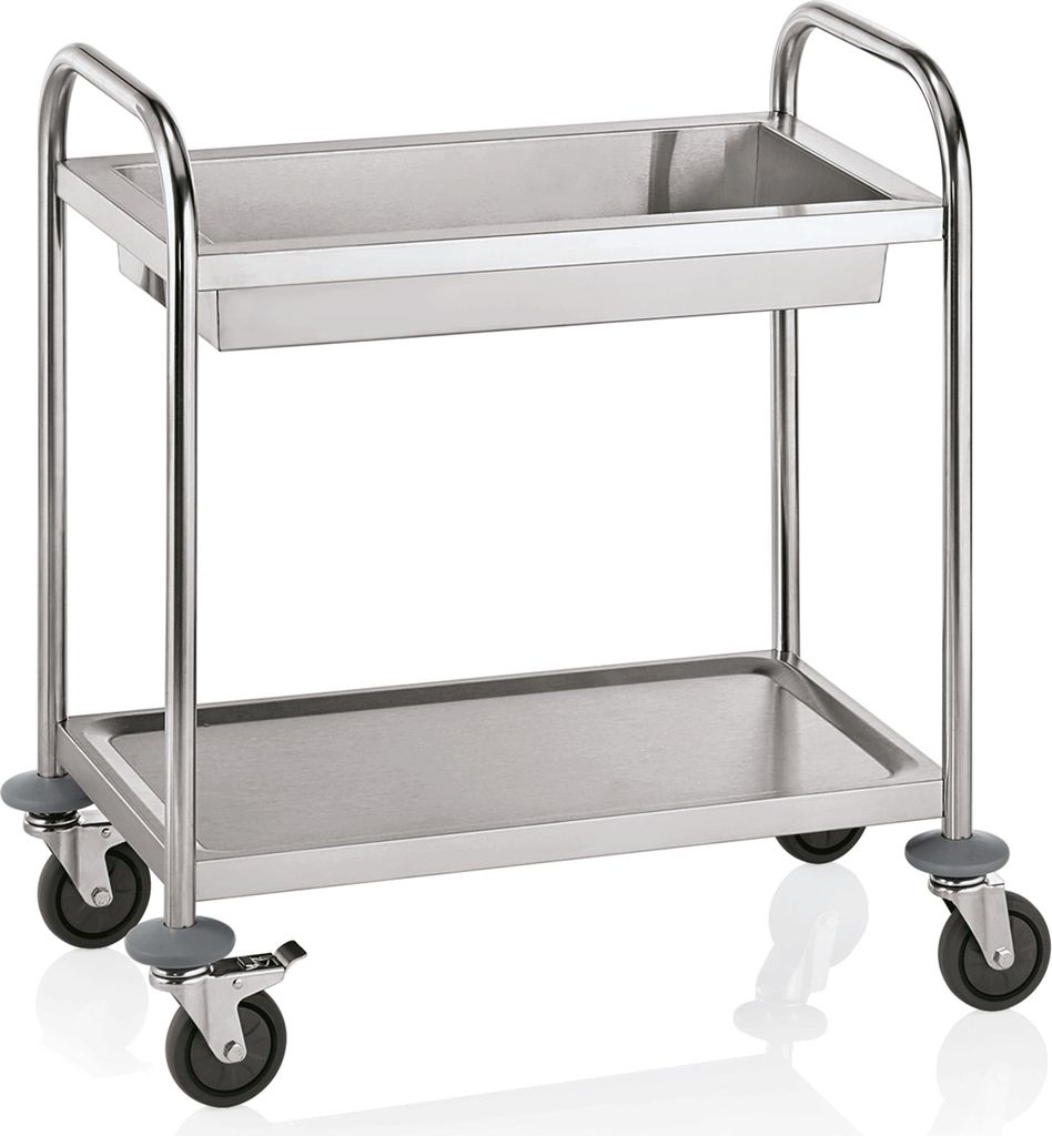 A stainless steel serving cart with two shelves and a tray on the top shelf, shown against a white background.