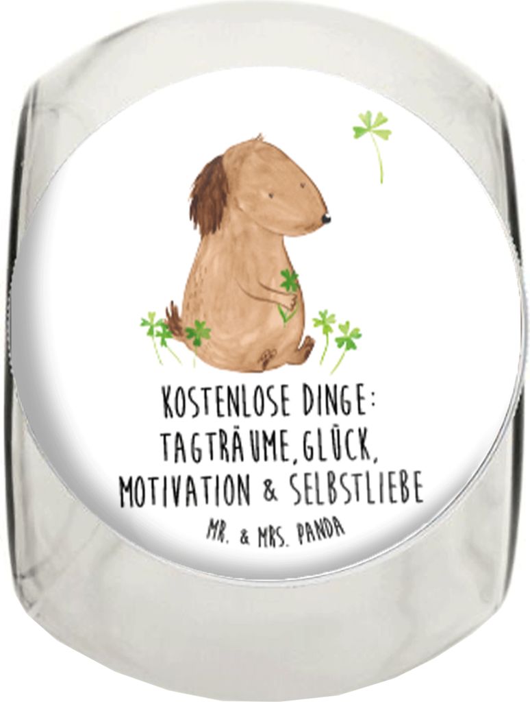 Mr. & Mrs. Panda Süßigkeitenglas Hund Kleeblatt L 870ml - Weiß - Geschenk, Sprüche, Kaffeedose, Flauschig, Bonboniere, Vorratsdose, Naschglas, ...
