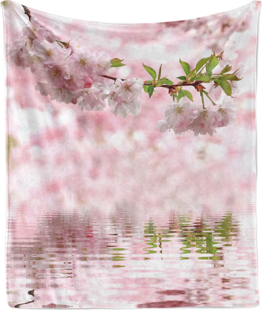 ABAKUHAUS Coperta in morbida flanella di pile con motivo floreale, delicati toni rosa pastello, ramo floreale su specchio d'acqua con riflessi, 175 x 230 cm, rosa chiaro e verde felce