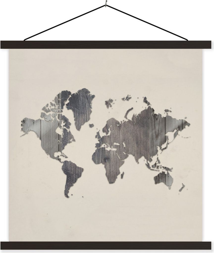 MuchoWow Textilposter Weltkarte - Holz - Grau 60x60 cm mit schwarzem Rahmen - Posteraufhänger
