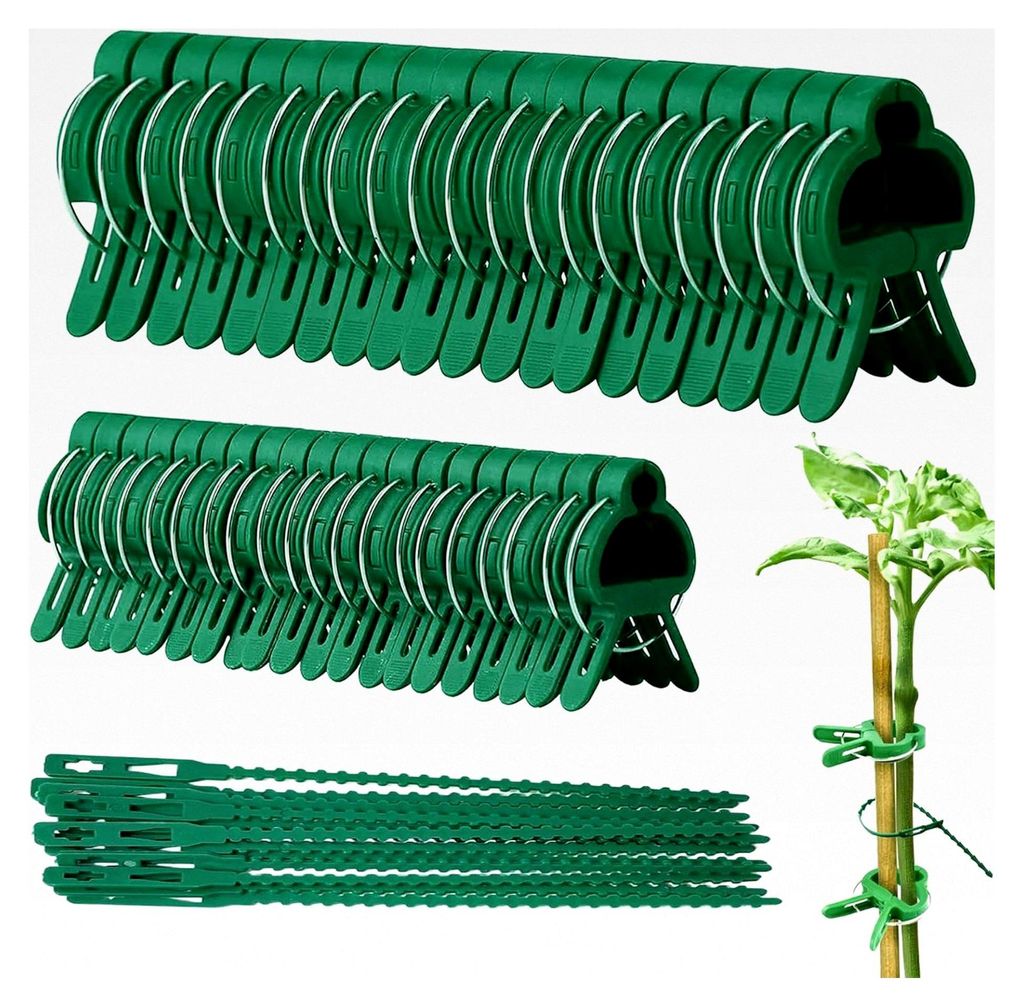 Set mit 70 Pflanzenclips, Pflanzenhaltern und Bindematerial für Tomaten, Blumen, Gurken und Rosen (20 große/20 kleine/30 Bänder)