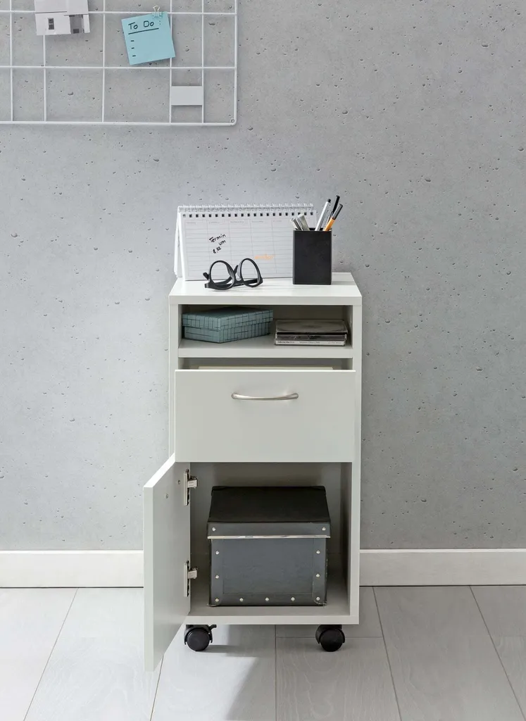 Petite armoire de bureau à roulettes et porte pour dossiers blanc