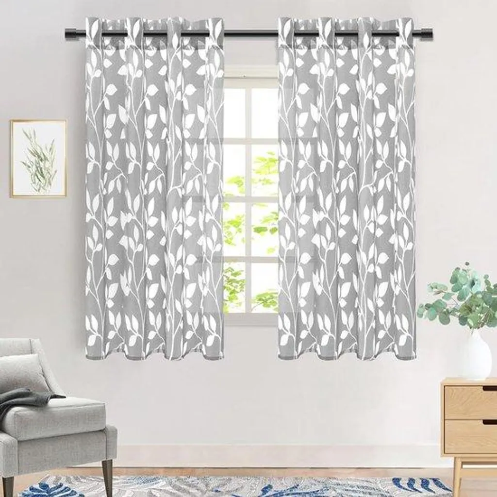 Lot de 2 voilages gris à motif feuilles 140x160 cm pour cuisine et salon
