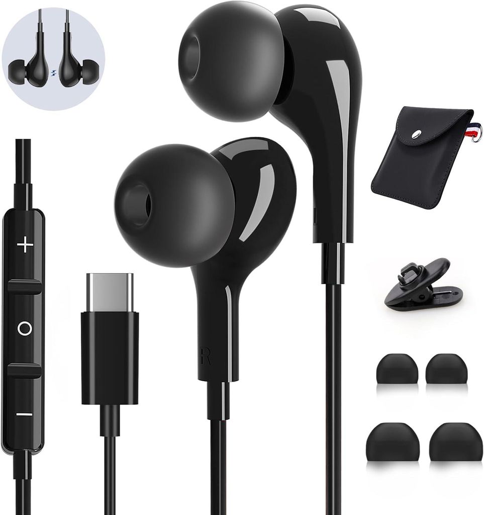 USB C In-Ear Kopfhörer mit Mikrofon, HiFi Stereo Klang, Lautstärkeregelung, kompatibel mit Samsung Galaxy, iPhone, iPad & mehr