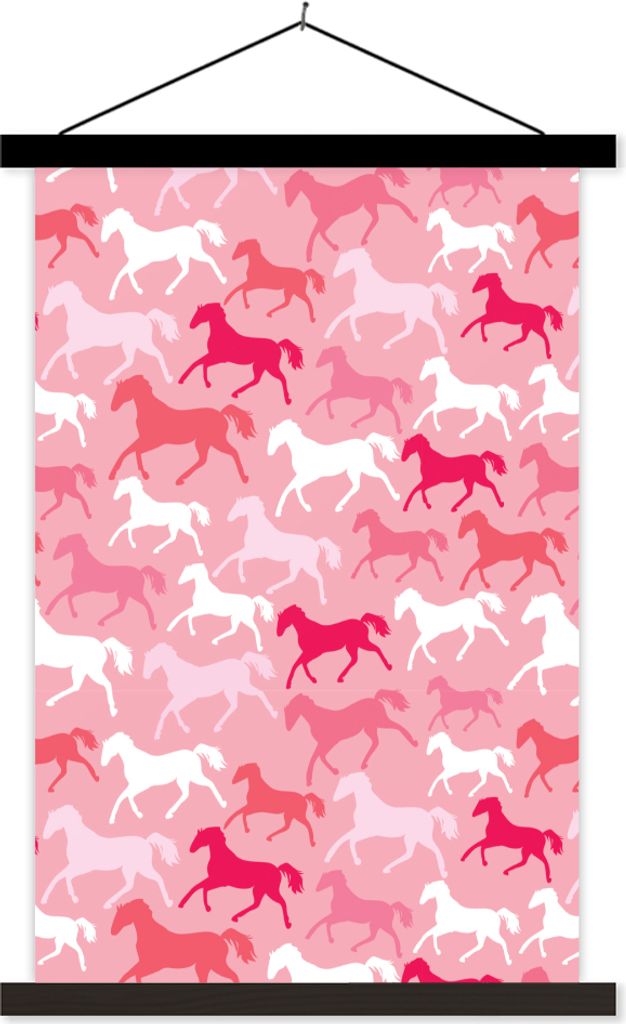 MuchoWow Textilposter Pferde - Rosa - Silhouette - Mädchen - Kinder - Mädchen 60x90 cm mit schwarzem Rahmen - Poster Wohnzimmer