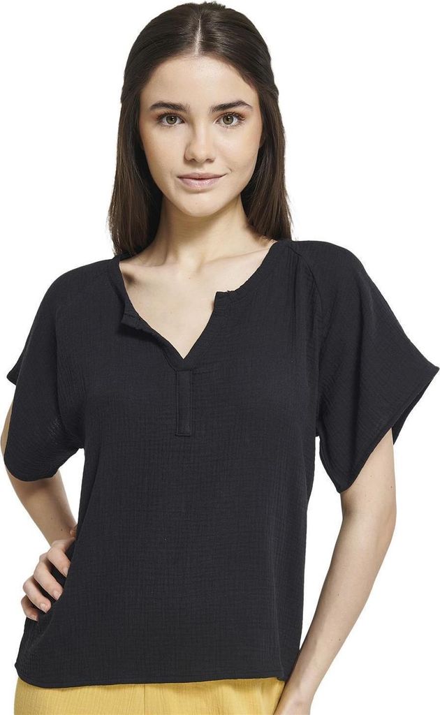 THE PEOPLE REP. Damen Outfit Bluse aus geknitterter Baumwollgaze zum Kombinieren, Blusentop Schwarz, Gr. S