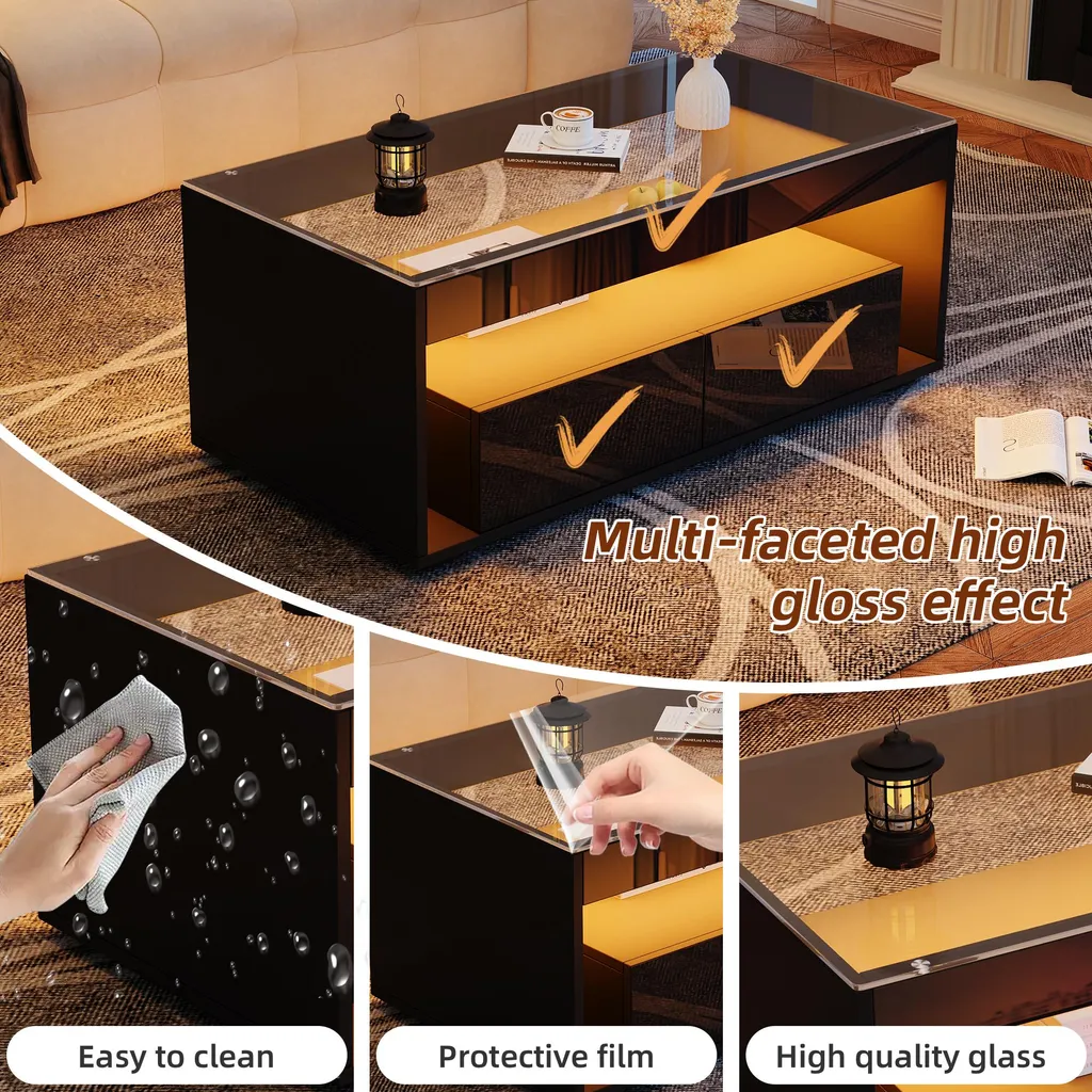 Table Basse Rangement LED Noire pour un Salon Toujours Rangé et Chic - 5