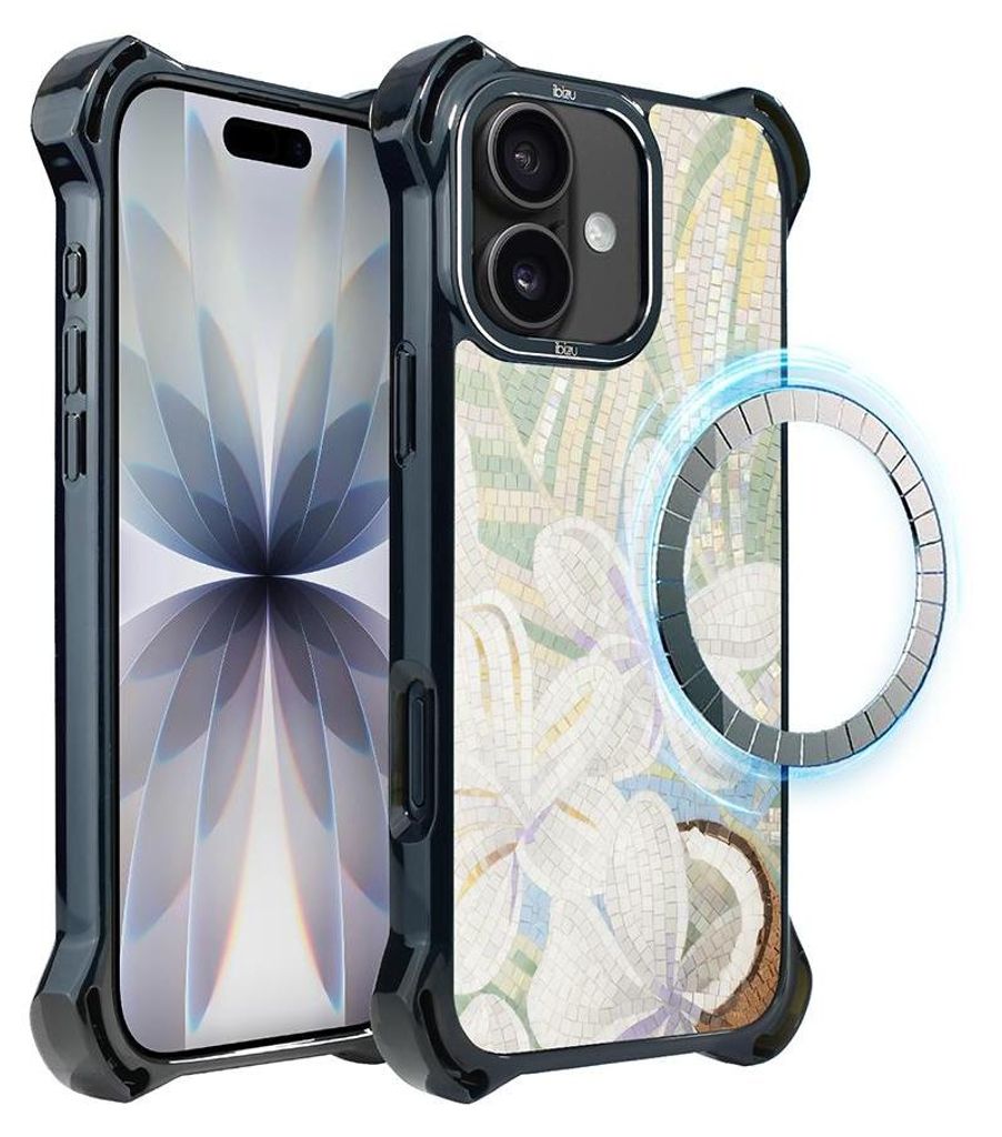 Schutzhülle für das iPhone 17, MagSafe-kompatibel, verstärkte Ecken, schwarz, Weiße Lilie, Mosaik