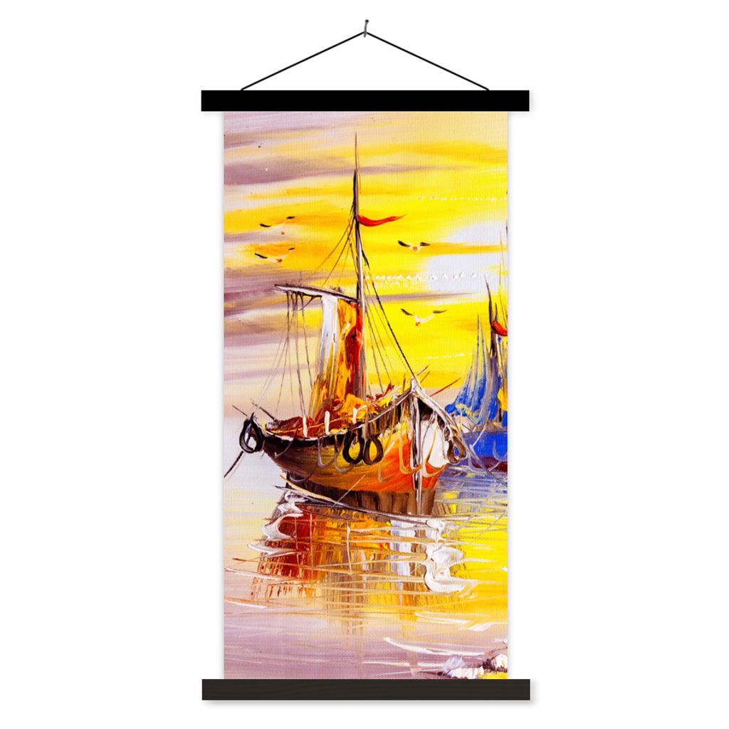 MuchoWow Textilposter Malerei - Boot - Wasser - Ölfarbe 90x180 cm mit schwarzem Rahmen - Dekoration Wohnzimmer