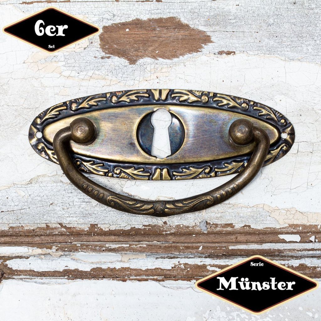 Schubladengriff,Serie"Münster",6er Pack|Eisen in Messing pat.|H4,8xB9,4cm