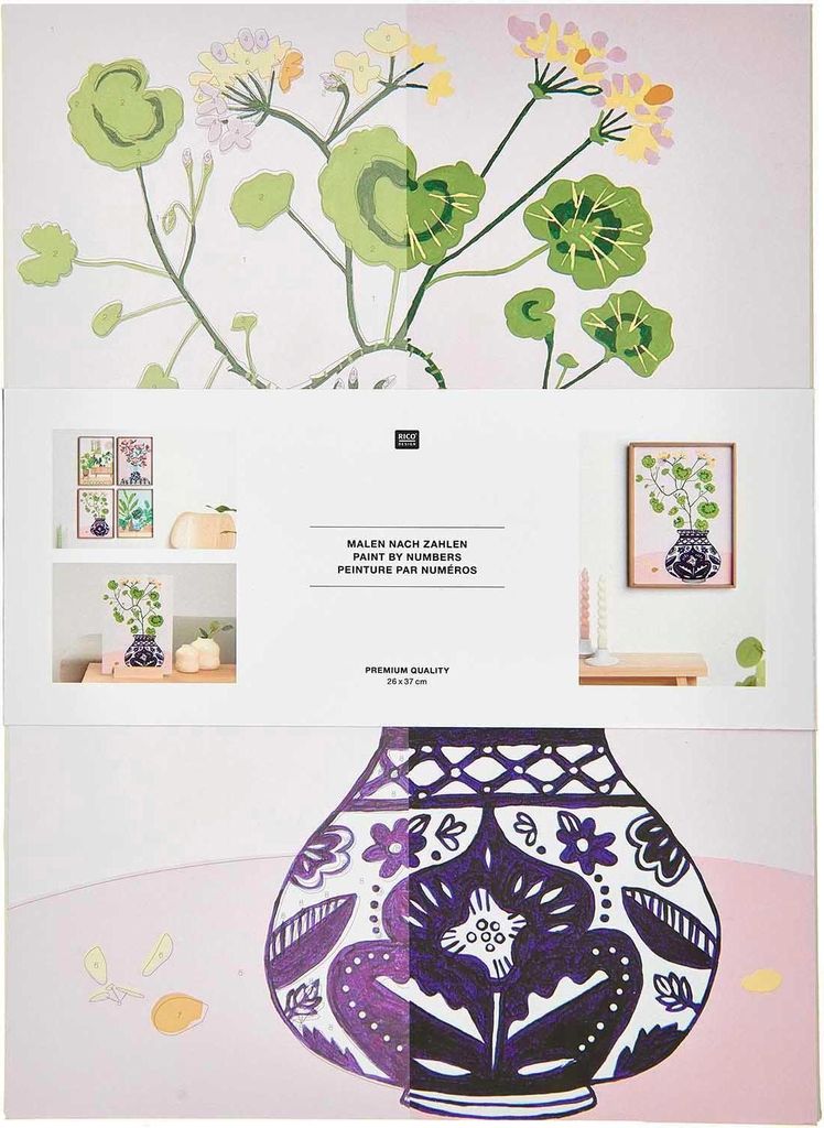 Rico Design Malen nach Zahlen Geranie 26x37 cm Blumenmotiv DIY Set für Erwachsene