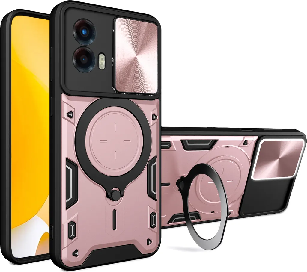 Custodia per Motorola Moto G 5G 2023 Custodia resistente a doppio strato con copertura della fotocamera e supporto ad anello Rosa