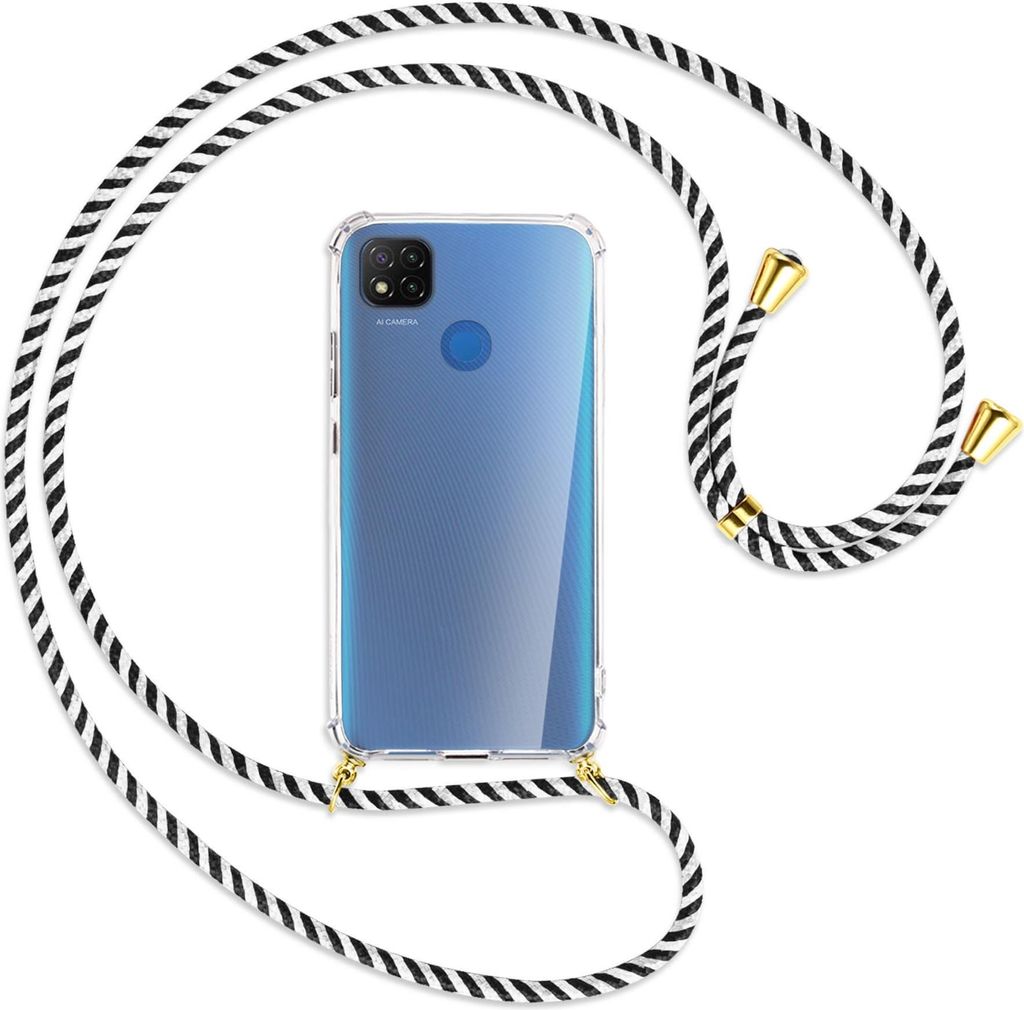 Handykette Backcover-Schutzhülle mit Band (Metall goldfarben) für Xiaomi Redmi 9C - schwarz/weiß gestreift