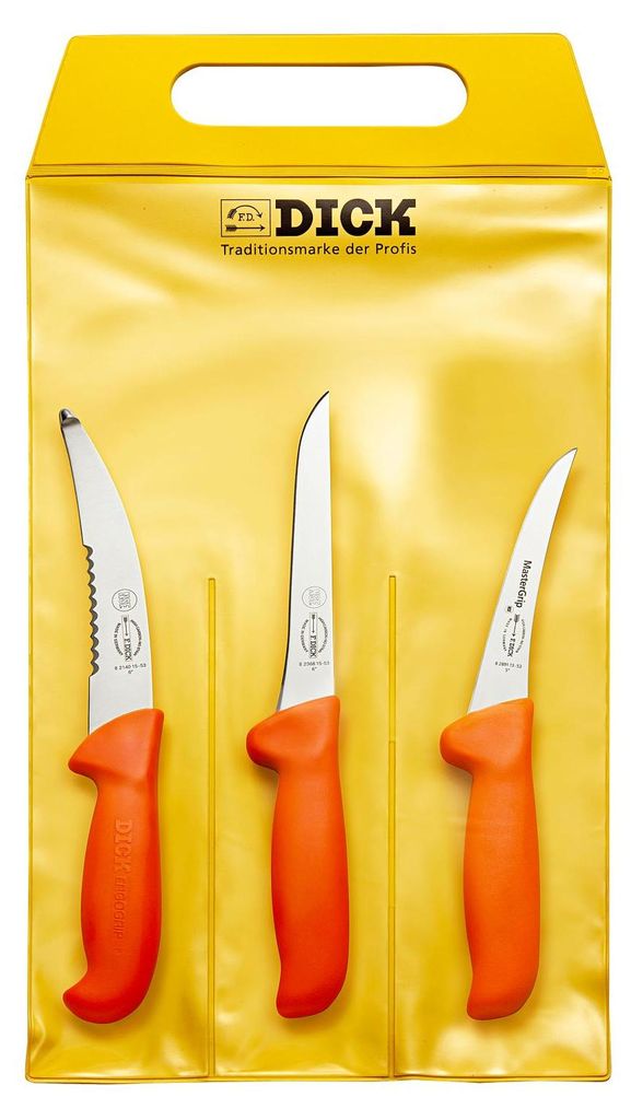 A set of three F. DICK knives with orange handles, presented in a yellow packaging.