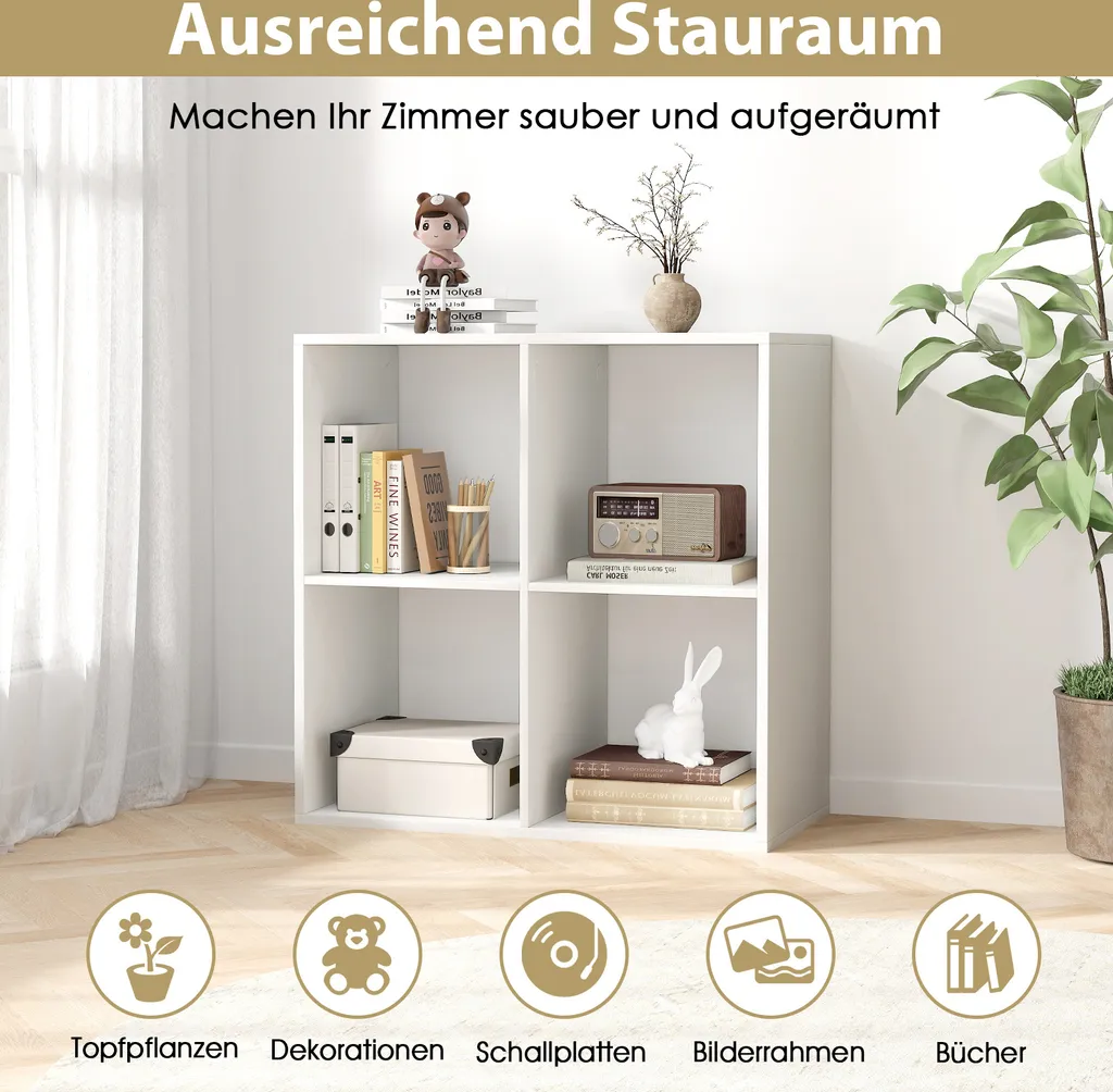 Bibliothèque blanche moderne 4 cases étagère sur pied stable et robuste