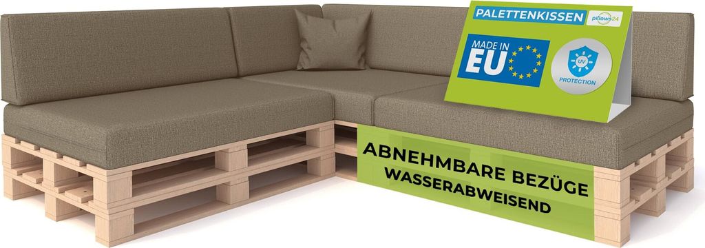 Pillows24 - Palettenkissen mit abnehmbarem Bezug - 8ER SET | Polster für Europaletten 120x80 Sofa - Wasserfest - Outdoor/Indoor | Cappuccino