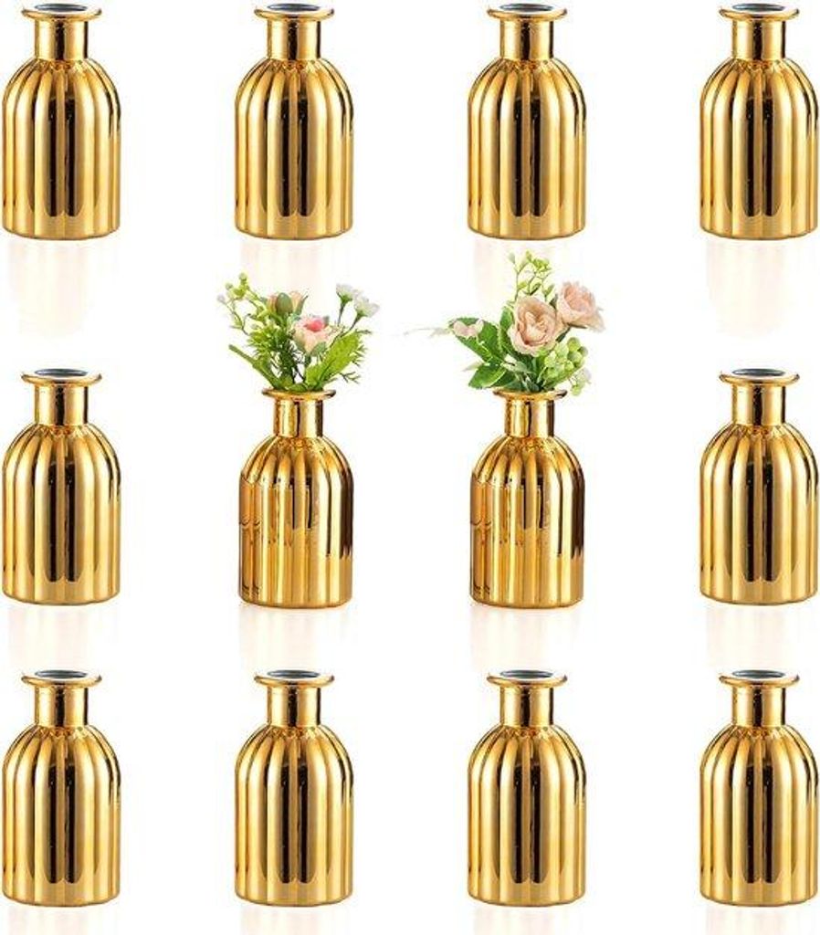 Famanu Kleine Glasvasen für Blumen - Set von 12 Vintage Blumengläsern in Gold
