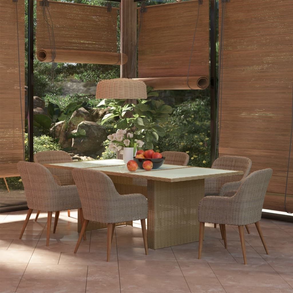 The Living Store 7-tlg. Garten-Essgruppe Poly Rattan Braun