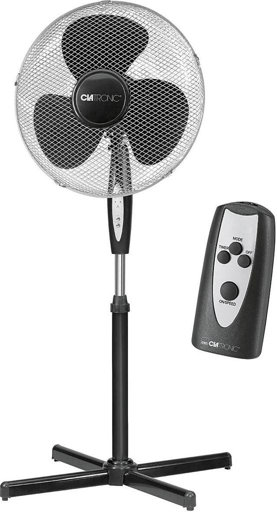 A freestanding fan with a remote control against a white background.