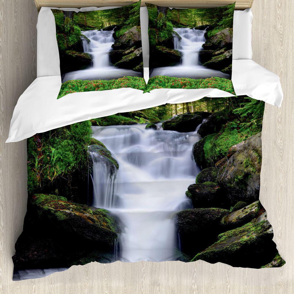 ABAKUHAUS Wasserfall Bettbezug, Bäume Blumen Wasserfall, Milbensicher Allergiker geeignet mit Kissenbezügen, 200 cm x 200 cm - 80 x 80 cm, Grün ...