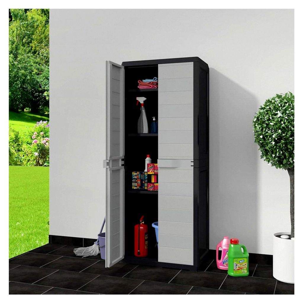 Gartenschrank mit 3 verstellbaren Böden aus robustem PP für Garten, Terrasse, Balkon, Garage und Haushalt, Schwarz Grau, 65x38x171 cm