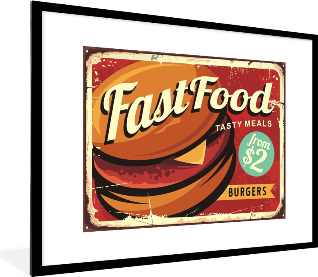 MuchoWow MuchoWow Gerahmtes Poster Hamburger - Vintage - Teller 80x60 cm - Poster mit zchwarzem Bilderrahmen - Schlafzimmer-Dekorationen - Foto...