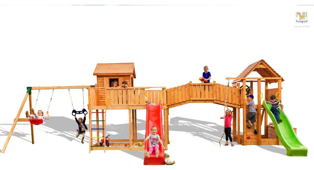 Fungoo Spielturm "Maxi Set Smile Farm My Space XL Fortress Toybox Rainbow Move+" teak mit 2x Rutschen, 2x Spieltürmen, Verbindungsbrücke, Leiter,...