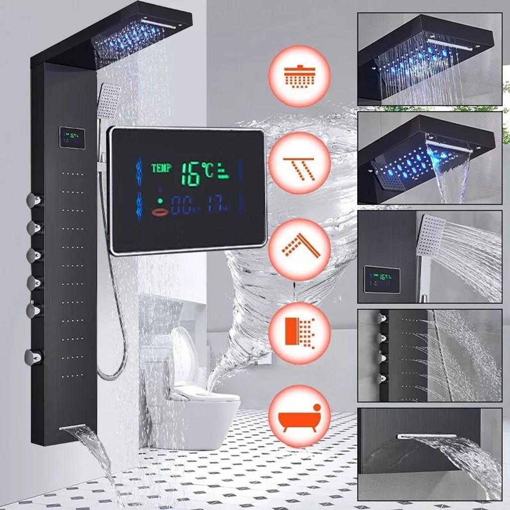 A collage of images showcasing a modern black shower panel system with various water features and a digital display, set against a bathroom backdrop.