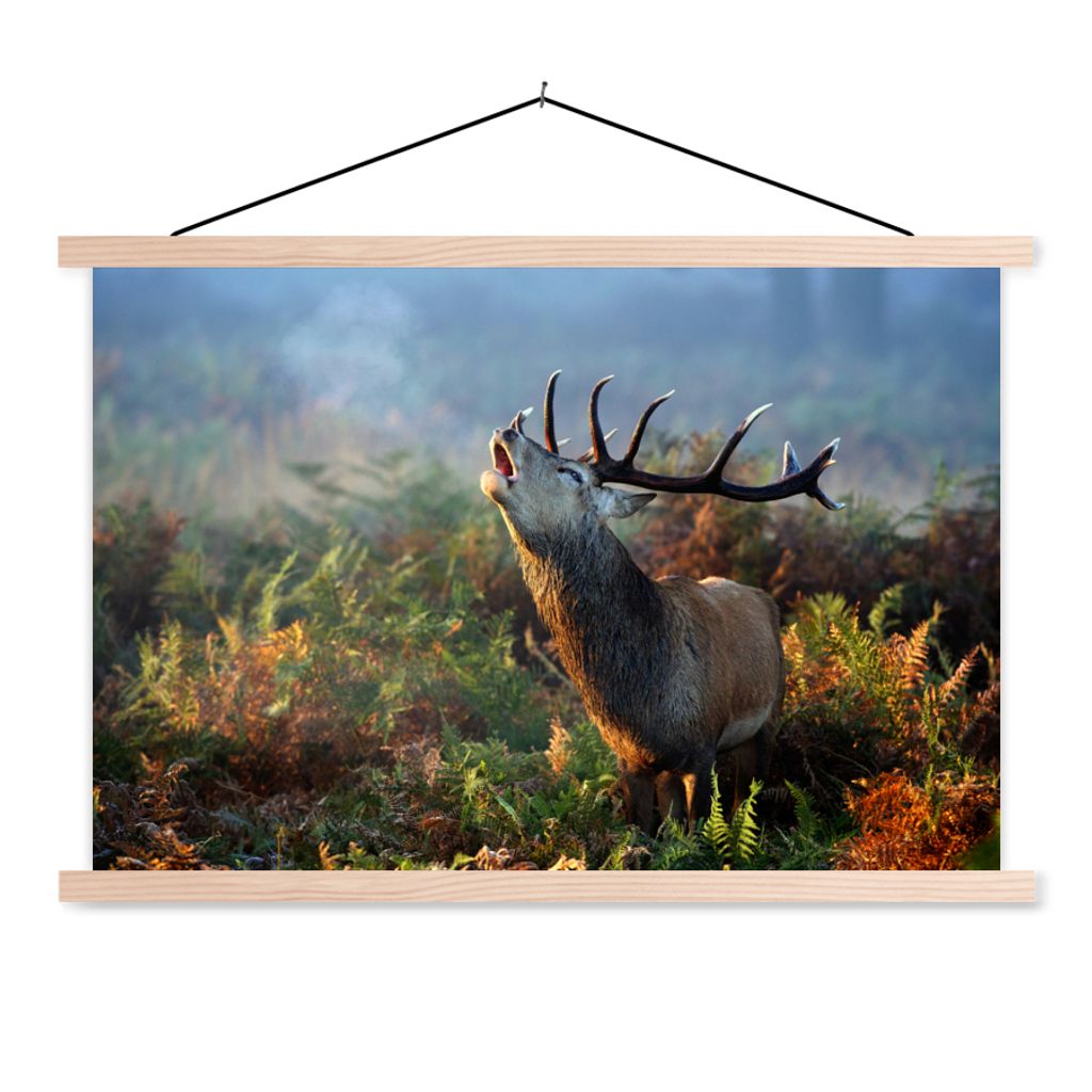 MuchoWow Textilposter Hirsche - Wald - Nebel 120x80 cm mit holzfarbenen Rahmen - Aufhängeset