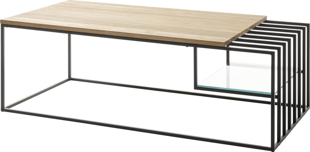 Couchtisch >JUBA< in Eiche, Massivholz / Metall / Klarglas - 120x40x60cm (BxHxT)