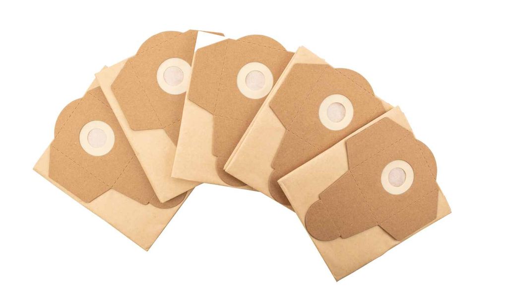 A fan of brown paper vacuum cleaner bags arranged in a fanned out pattern on a white background.