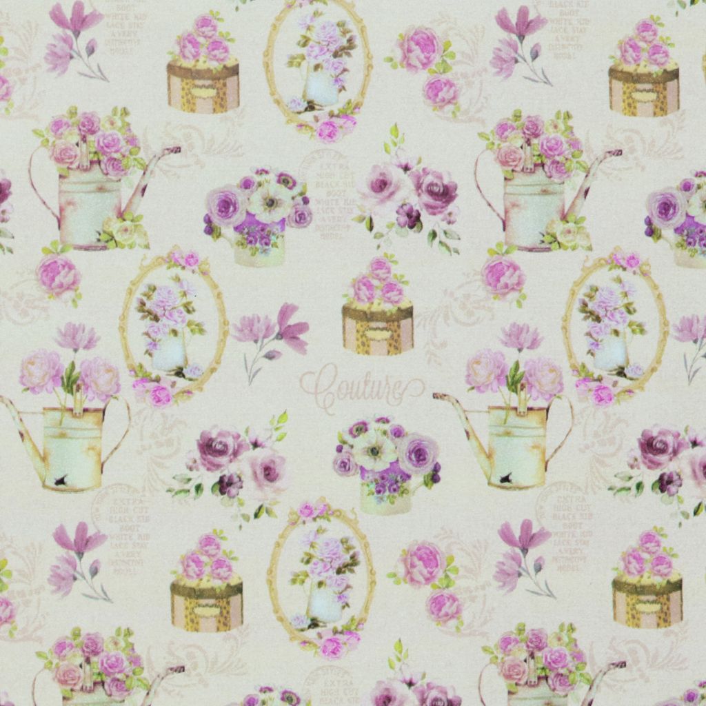 Geschenkpapier Gießkannen mit Blumen 70cm x 2m Rolle rosa / beige