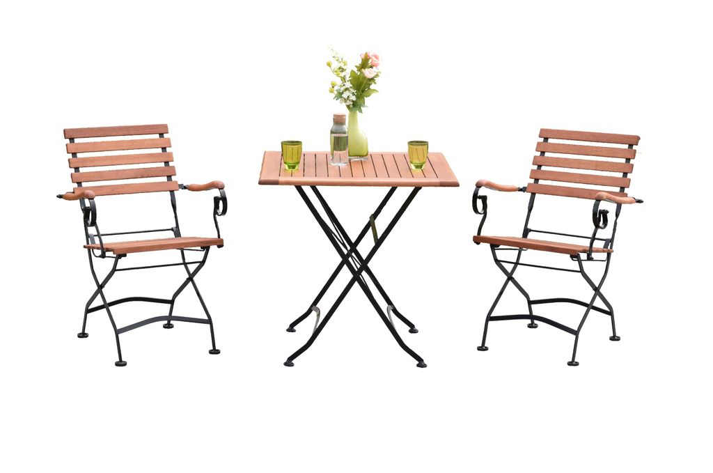 A set of outdoor furniture, including two chairs and a table, arranged on a white background.
